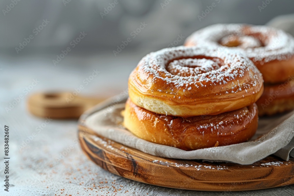 A plate of cinnamon rolls with powdered sugar sprinkled on top A plate of cinnamon rolls with powdered sugar sprinkled on top