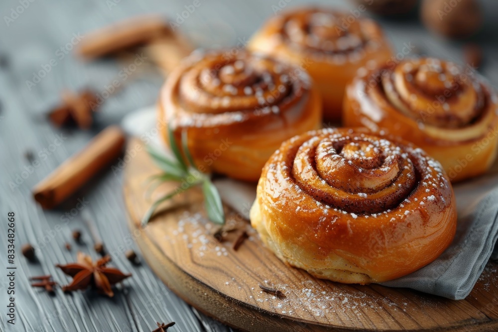 A plate of cinnamon rolls with powdered sugar sprinkled on top A plate of cinnamon rolls with powdered sugar sprinkled on top