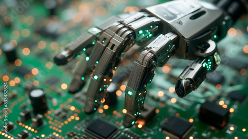 The image shows a close-up of a robotic hand interacting with a circuit board photo