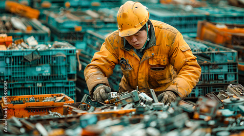 Dedicated Worker Sorting Electronic Waste A Focus on Recycling and Sustainability Efforts in an E-Waste Management Facility Highlighting Environmental Responsibility and Resource Recovery Wallpaper © Korea Saii