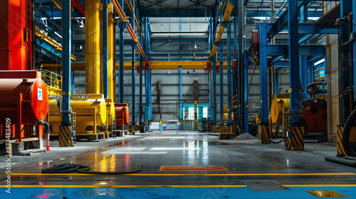 Industrial Equipment In Bold Primary Colors, Creating Striking Contrast Against Neutral Factory Floor - Ideal For Manufacturing, Engineering, Or Industrial Design Content