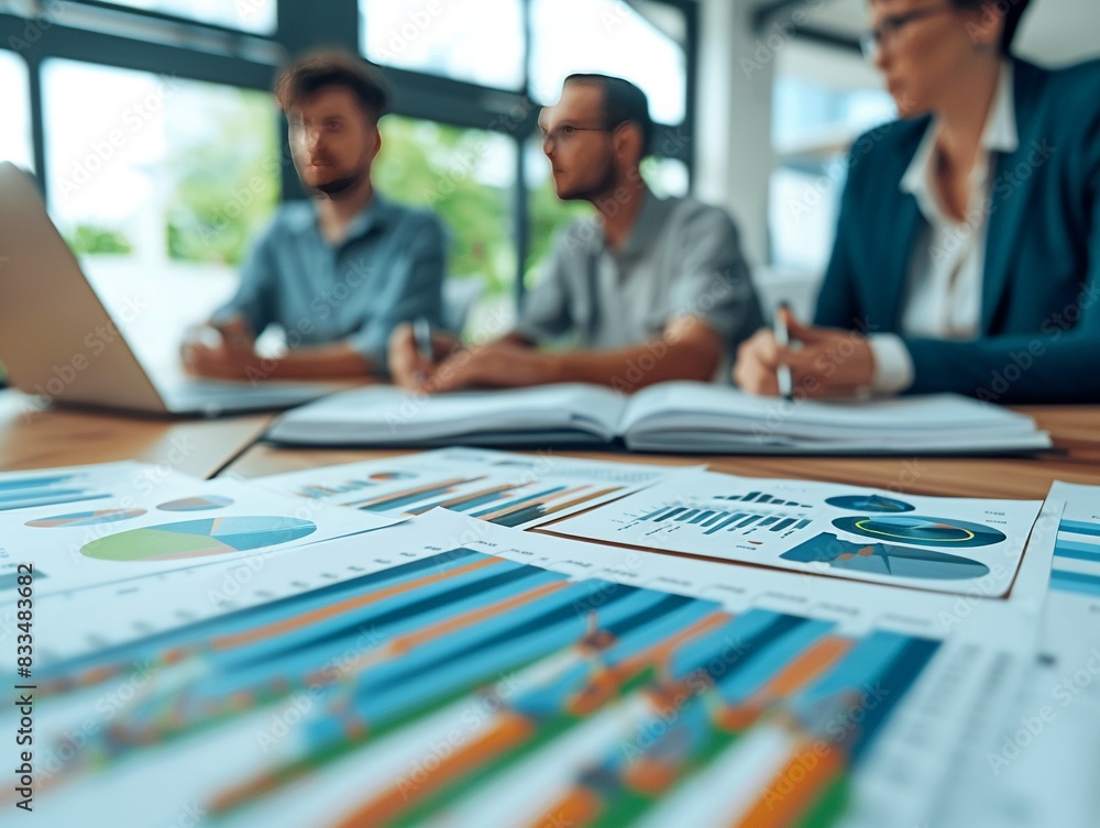 Group investors discussing potential ventures during a seed funding round, sophisticated office, business charts, and graphs Group investors discussing potential ventures during a seed funding round, sophisticated office, business charts, and graphs