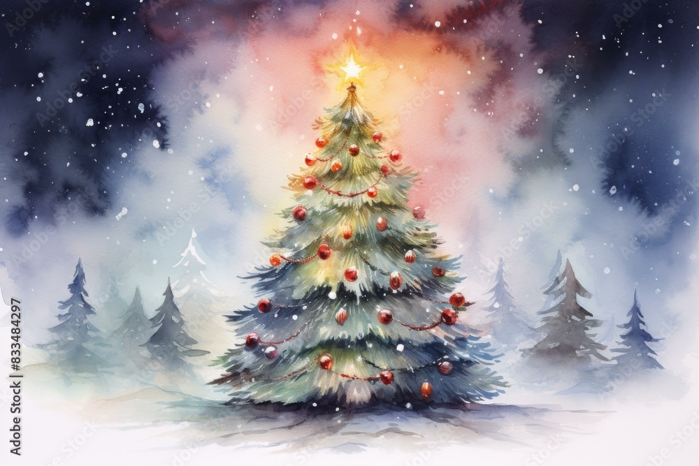Whimsical watercolor painting of a christmas tree with starry night sky