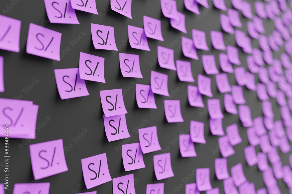 Many violet stickers on black board background with symbol of Peru sol drawn on them. Closeup view with narrow depth of field and selective focus. 3d render, illustration Many violet stickers on black board background with symbol of Peru sol drawn on them. Closeup view with narrow depth of field and selective focus. 3d render, illustration