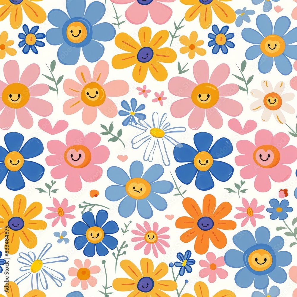 A colorful flower pattern with cartoon faces on them A colorful flower pattern with cartoon faces on them