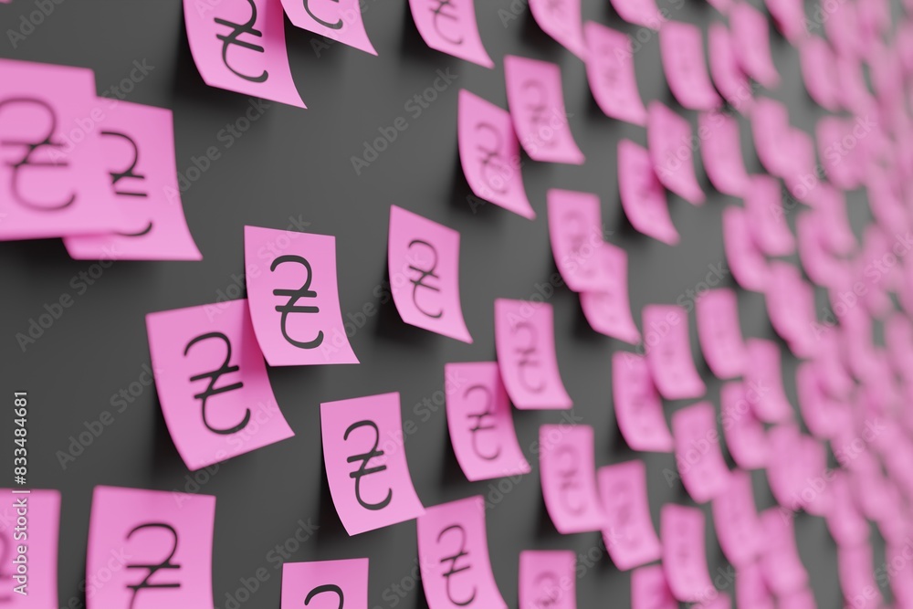 Many pink stickers on black board background with symbol of Ukraine hryvnia drawn on them. Closeup view with narrow depth of field and selective focus. 3d render, illustration Many pink stickers on black board background with symbol of Ukraine hryvnia drawn on them. Closeup view with narrow depth of field and selective focus. 3d render, illustration