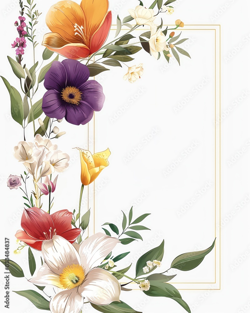 Fototapeta premium Elegant floral border design featuring vibrant flowers and leaves, perfect for invitations, greeting cards, or decorative themes.