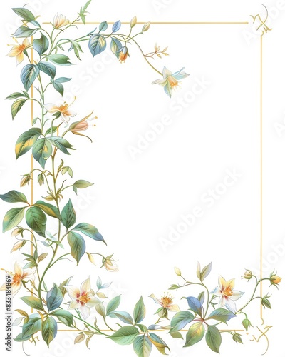 Elegant floral border design with delicate flowers and green leaves, perfect for invitations, cards, and artistic projects.