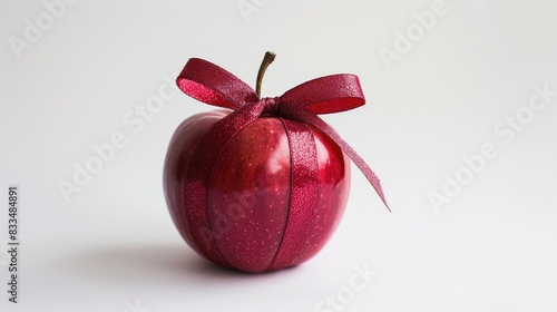 A red apple with a decorative ribbon tied around its stem, set against a white background, perfect for a gift or festive theme