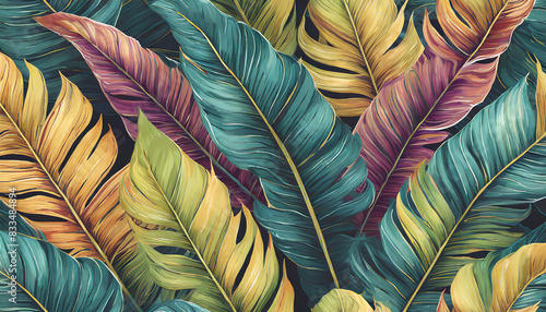 Wallpaper Mural A colorful painting of leaves with a green and yellow leaf in the middle Torontodigital.ca