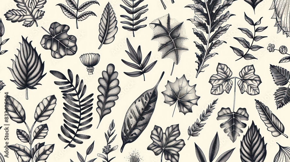 Fototapeta premium Nature farming theme, Black white botanical leaves flowers pattern design illustration background.