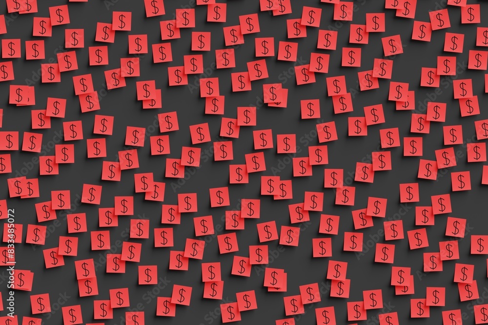 Many red stickers on black board background with symbol of Cayman islands dollar drawn on them. Flat view. 3d render, illustration Many red stickers on black board background with symbol of Cayman islands dollar drawn on them. Flat view. 3d render, illustration