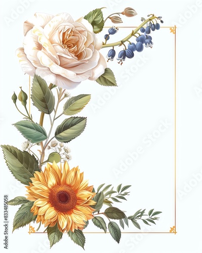 Elegant floral border with a combination of delicate roses and vibrant sunflowers, perfect for invitations or decorative cards.