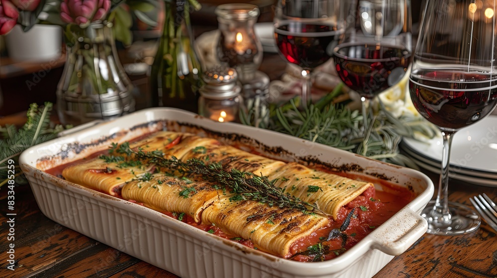 A white dish with a long piece of food in it and a bunch of herbs on top A white dish with a long piece of food in it and a bunch of herbs on top