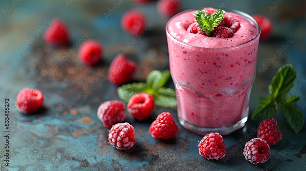 A glass of pink raspberry smoothie with a few raspberries on the table A glass of pink raspberry smoothie with a few raspberries on the table