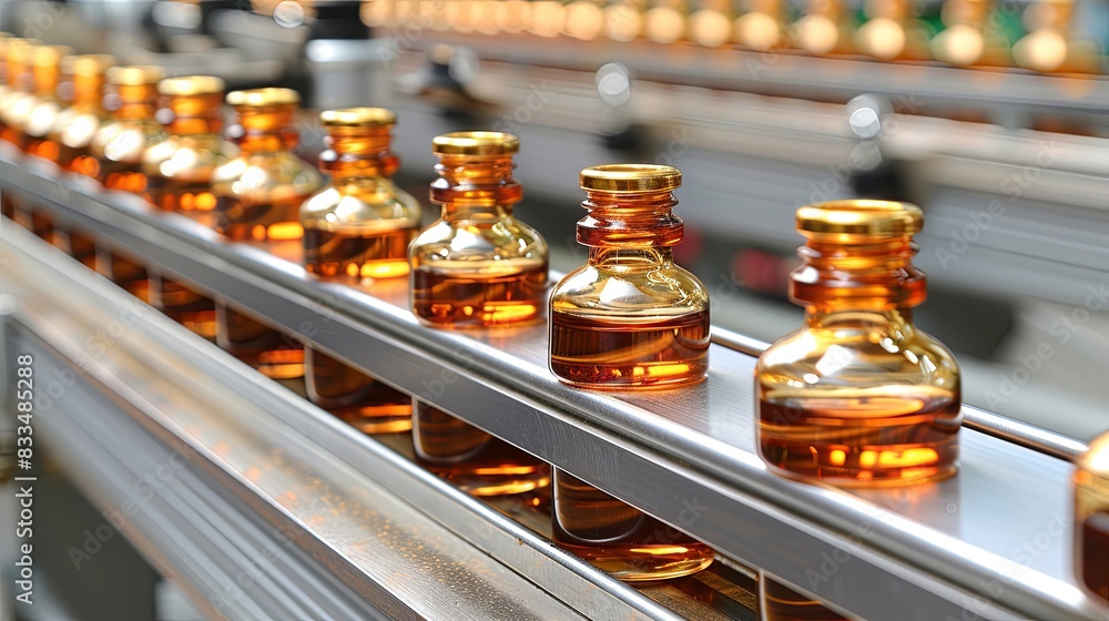 A row of bottles on a conveyor belt A row of bottles on a conveyor belt