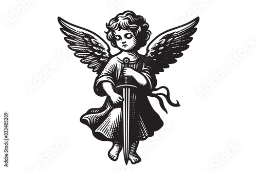 Little cute guardian angel. Defender with a sword. Holy protection.
Vintage engraving black vector illustration, isolated object, sketch, emblem, logo