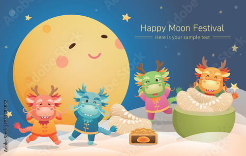 Cute dragon mascot celebrating Chinese Mid-Autumn Festival poster with full moon and pomelo with mooncakes