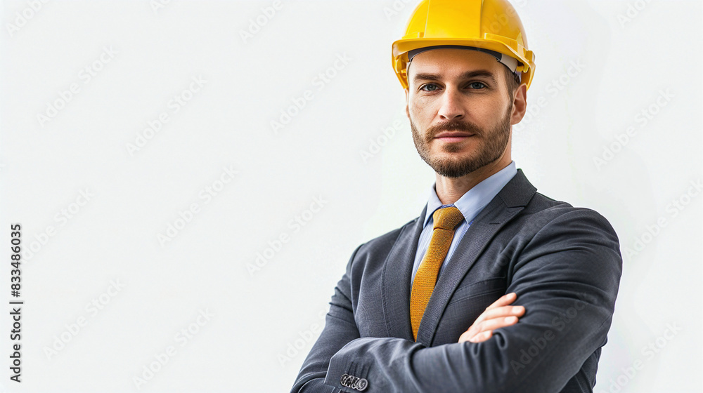 Handsome Businessman Engineer In Hard Hat In A Building With A White Background, Suitable For Corporate And Construction-Related Designs Handsome Businessman Engineer In Hard Hat In A Building With A White Background, Suitable For Corporate And Construction-Related Designs