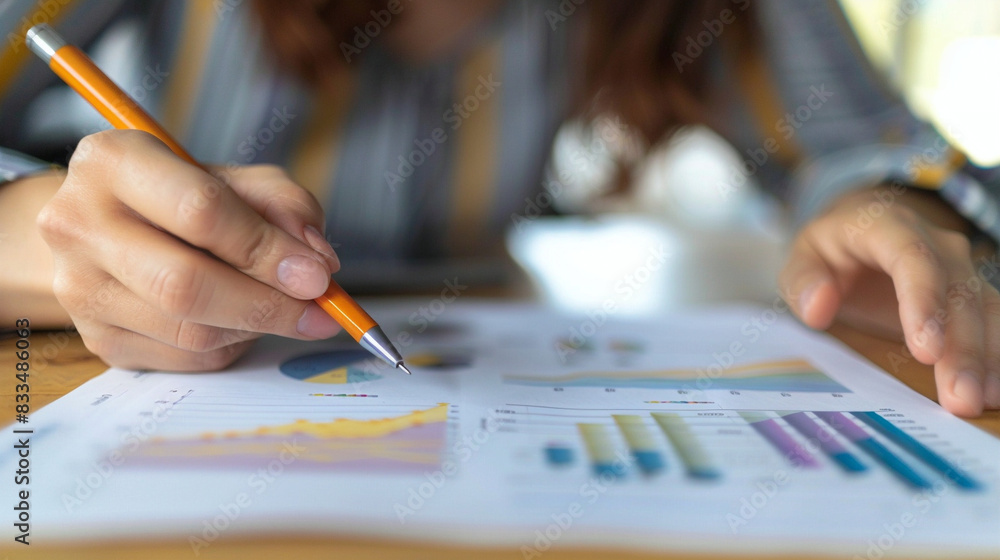 Hands Of Businesswoman Examining Graph At Desk. Financial Advisor And Accounting Concept. Ideal For Business, Finance, And Investment-Related Content. Hands Of Businesswoman Examining Graph At Desk. Financial Advisor And Accounting Concept. Ideal For Business, Finance, And Investment-Related Content.