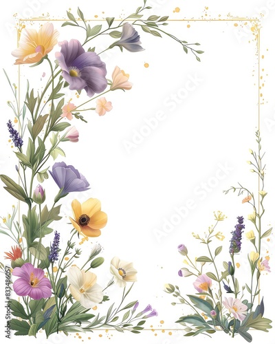 Elegant floral border with watercolor flowers in pastel shades, perfect for invitations, greeting cards, and decorative designs.