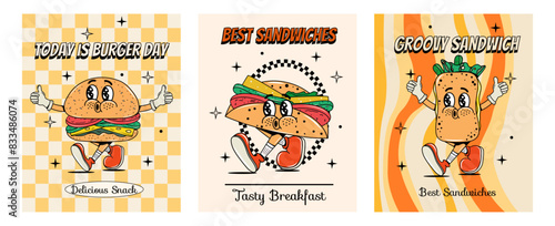 Set of food posters in groovy style. Food and drinks. Quick snack. Y2k elements and shapes. Comic and character. Walking. Retro character with face and hands and legs. Psychedelic and hippie. 2000s.