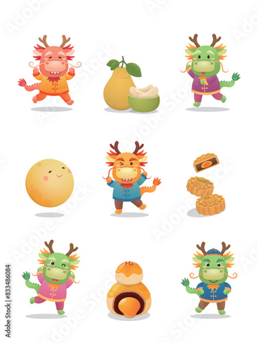 Wallpaper Mural A set of vector illustration materials for the Mid-Autumn Festival, the mascot of the dragon, pomelo and Chinese meringue dessert Torontodigital.ca