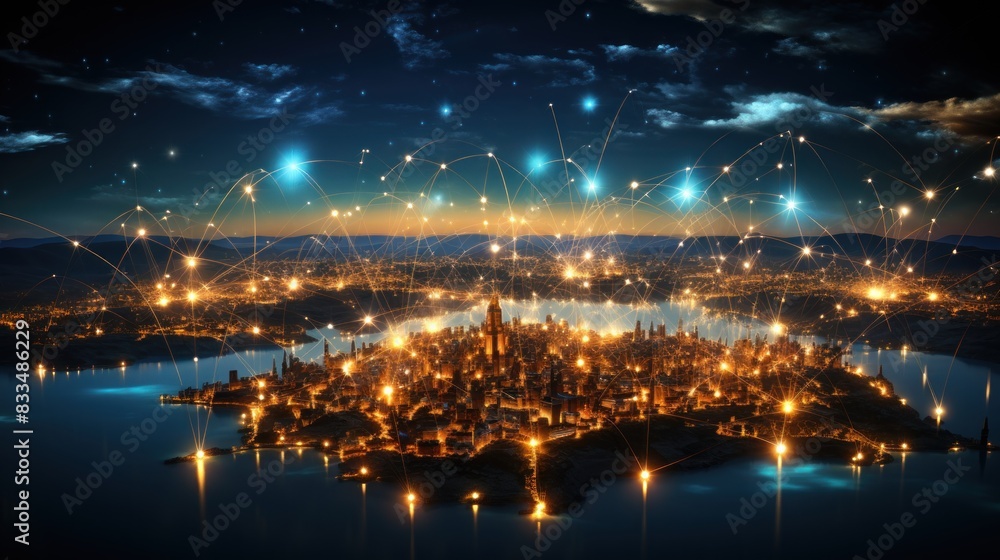 This digitally enhanced image shows a nighttime cityscape interconnected with glowing lines, symbolizing connectivity and technology This digitally enhanced image shows a nighttime cityscape interconnected with glowing lines, symbolizing connectivity and technology