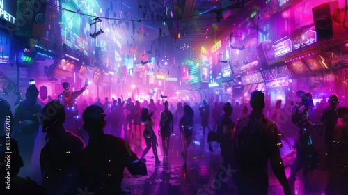 A bustling cyberpunk nightclub, with strobe lights, neon colors, and a mix of human and cyborg patrons dancing to electronic music 