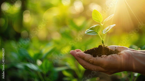 Hand Holding A Seedling Plant Against A Blurred Green Nature Background With Sunlight. Earth Day Idea. Sustainable Development Goals Concept.