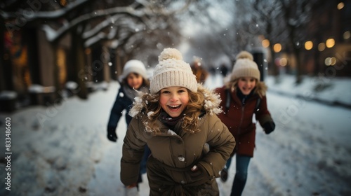 Joyful children run and play in a snowy urban scene  exuding happiness and excitement