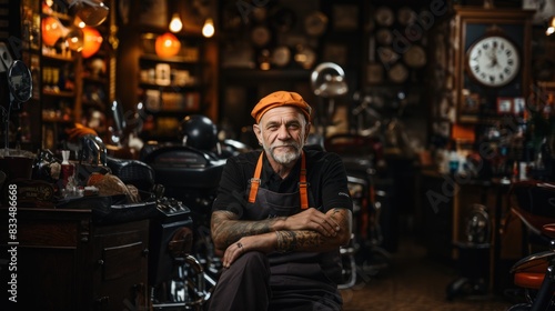 Elderly tattooed barber confidently sits with crossed arms in his nostalgic vintage barbershop