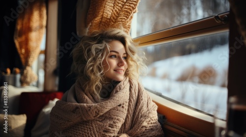 Serene woman wrapped in a warm scarf, looking thoughtfully out a train window at a snowy landscape photo