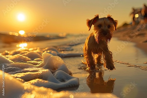 Adorable dog walking on the beach during a beautiful sunset, surrounded by frothy waves and golden sunlight.