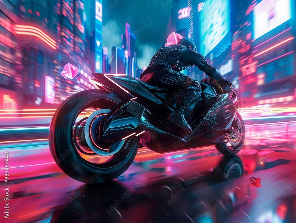 A futuristic motorcycle speeding through the neon-lit streets of a cyberpunk city, with skyscrapers and holograms in the background 