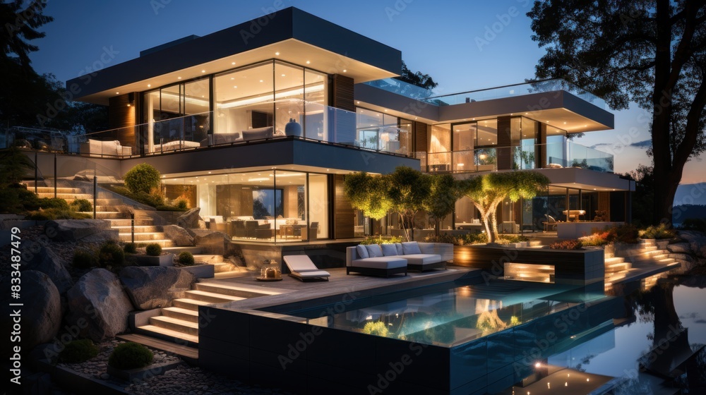 An illuminated modern house with sleek design features a tranquil pool area at dusk An illuminated modern house with sleek design features a tranquil pool area at dusk