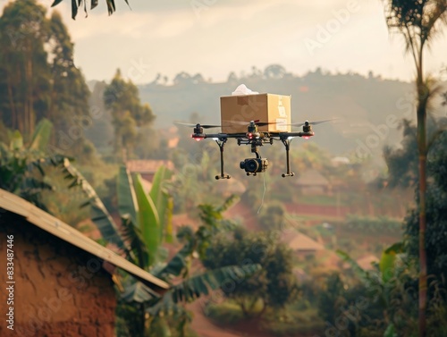 A drone delivering a package to a rural area, showcasing innovative solutions for last-mile delivery in global logistics  photo