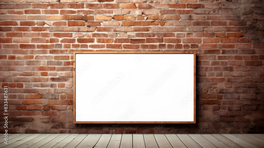 billboard, blackboard, empty picture on brick wall and white wooden floor billboard, blackboard, empty picture on brick wall and white wooden floor