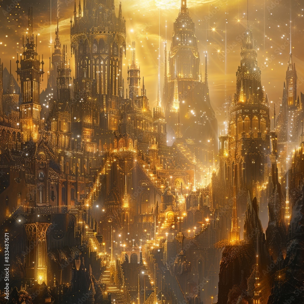 Obraz premium A heavenly city of gold and crystal, with majestic towers and sparkling streets, bathed in a warm, celestial glow 