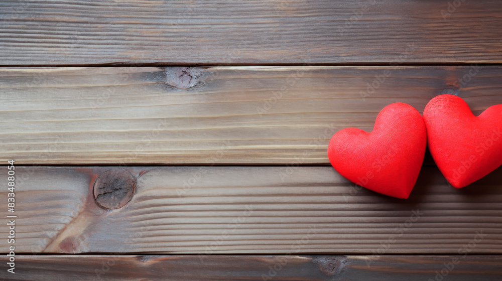 two red wooden hearts on a old wooden background, copy space. AI generated two red wooden hearts on a old wooden background, copy space. AI generated