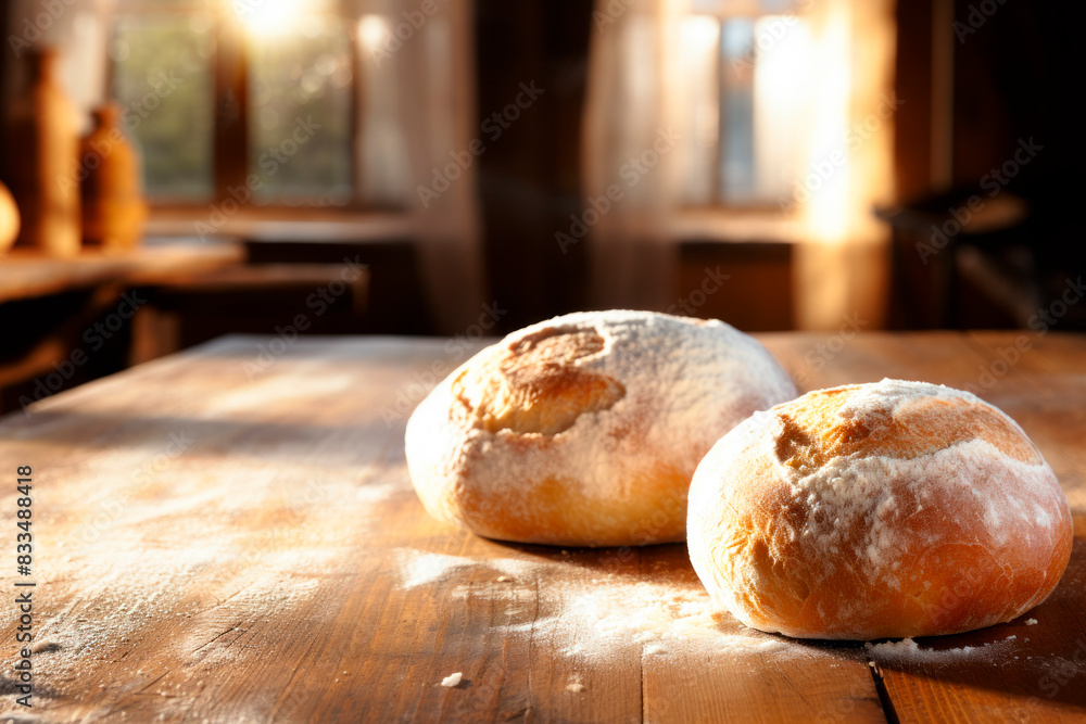 Two warm breads on a wooden table Two warm breads on a wooden table