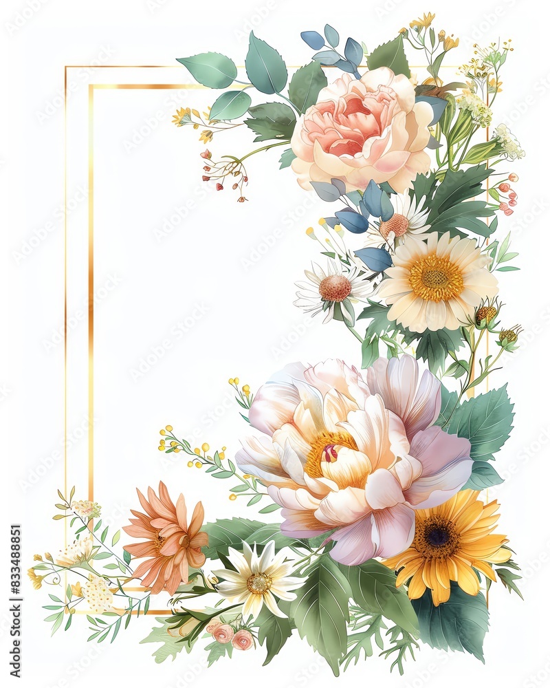 Fototapeta premium Elegant floral frame with watercolor flowers including roses, daisies and greenery, perfect for invitations and greeting cards.