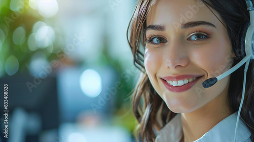 Friendly Face Of A Call Centre Woman, Embodying The Role Of A Consultant, Telemarketing Agent, Or Virtual Assistant With A Warm Smile, Dedicated To Customer Service photo