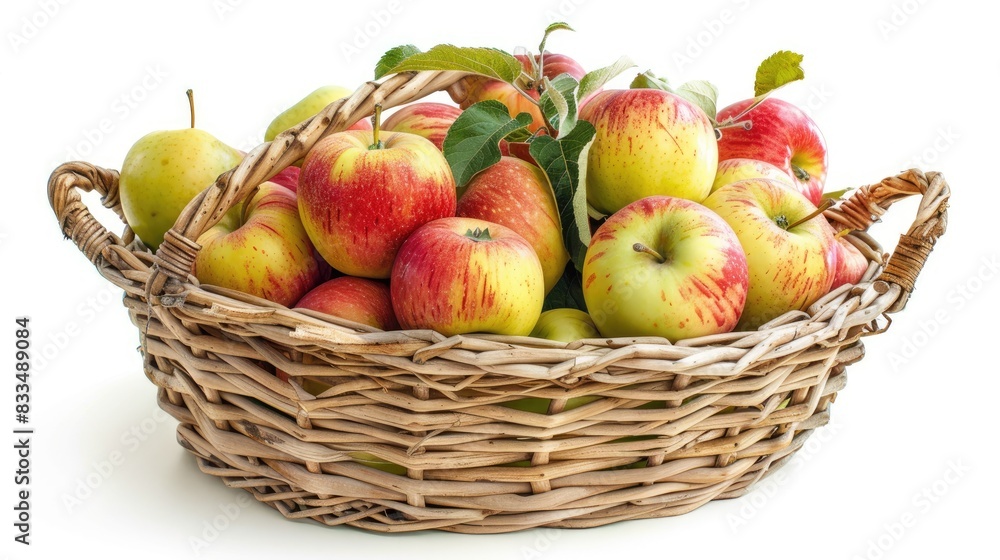 A variety of apples in a wicker basket, isolated on a white background, showcasing the harvest and natural bounty