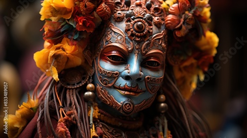Close-up of an intricately detailed traditional Nepali mask adorned with flowers and metallic elements © AS Photo Family