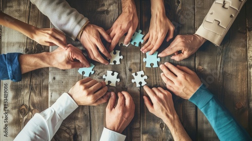 A group of diverse people of all ages are shown working together to put together a puzzle. The image is meant to convey a sense of teamwork and cooperation. AIG535