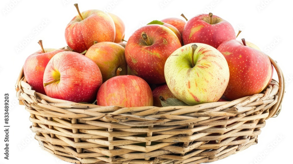 A variety of apples in a wicker basket, isolated on a white background, showcasing the harvest and natural bounty A variety of apples in a wicker basket, isolated on a white background, showcasing the harvest and natural bounty