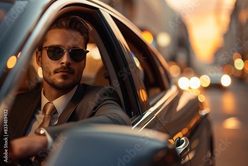 Confident Stylish Business Man in Sunglasses Sitting in the Driver's Seat of a Luxury Car in an Urban Evening Setting
