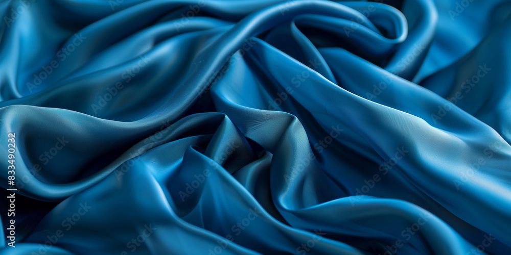 Fototapeta premium Blue fabric with delicate folds. Silk satin fabric backdrop with copy space.