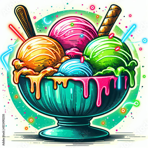 a colorful neon lights ice cream bowl, blending minimalist cartoon style with splatter painting and watercolor dripping art photo